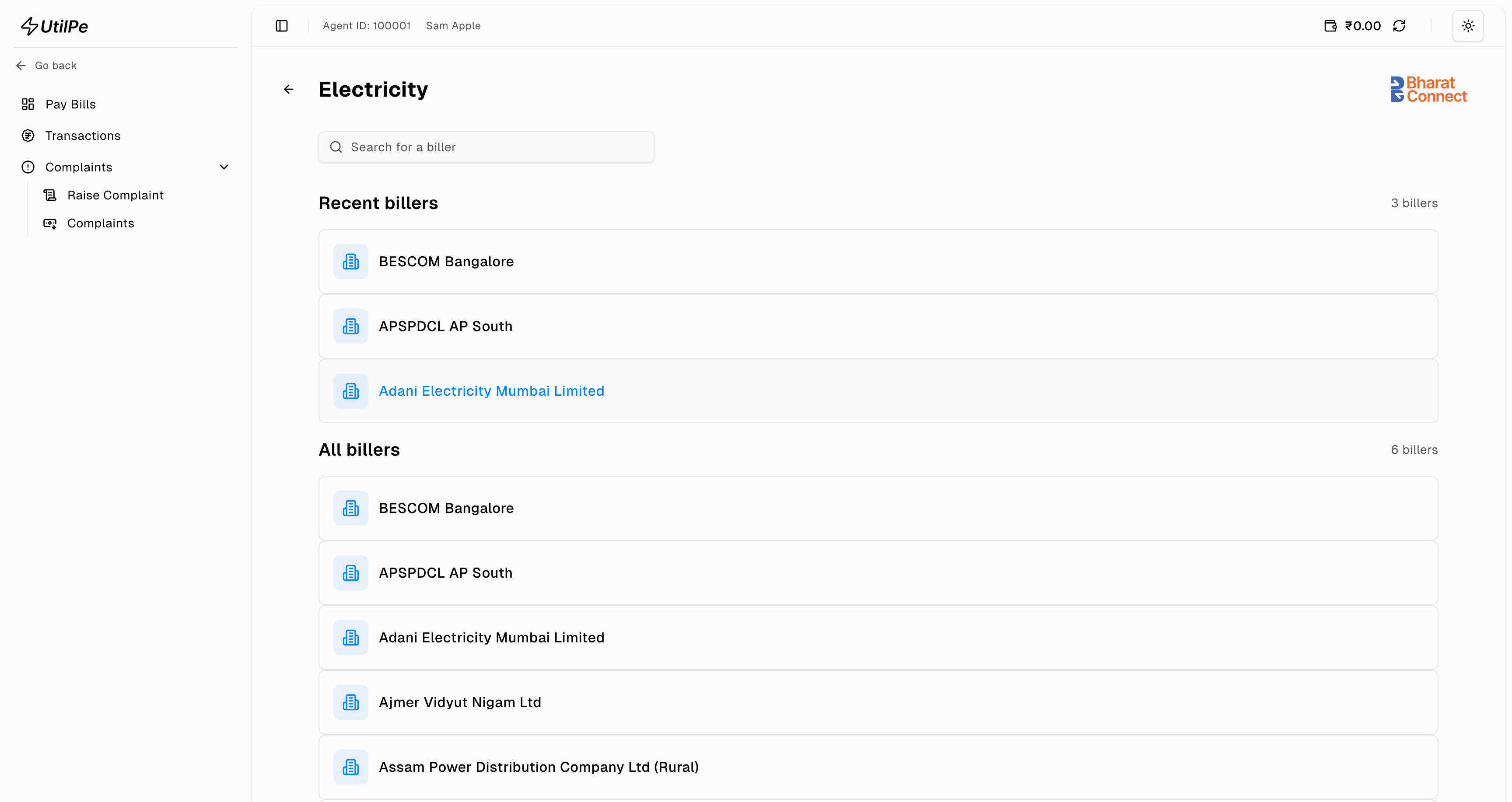 UtilPe Billers page showing comprehensive network of service providers